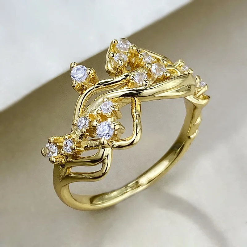 2024 S925 Sterling Silver Plated 18K Gold Small and Unique Branch Ring with Zircon Inlay for A High Quality Sense