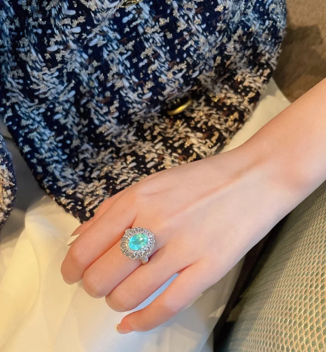 Luxurious Paraiba Hollow Flower Water Drop Pear-Shaped Oval Sapphire Full Diamond Couple Ring For Women Wedding Gift Jewelry