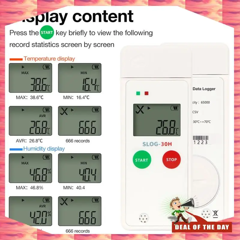 

24-часовой регистратор данных, регистратор данных с температурой и влажностью, USB-регистратор данных, 65000 точек, PDF-регистратор отчетов