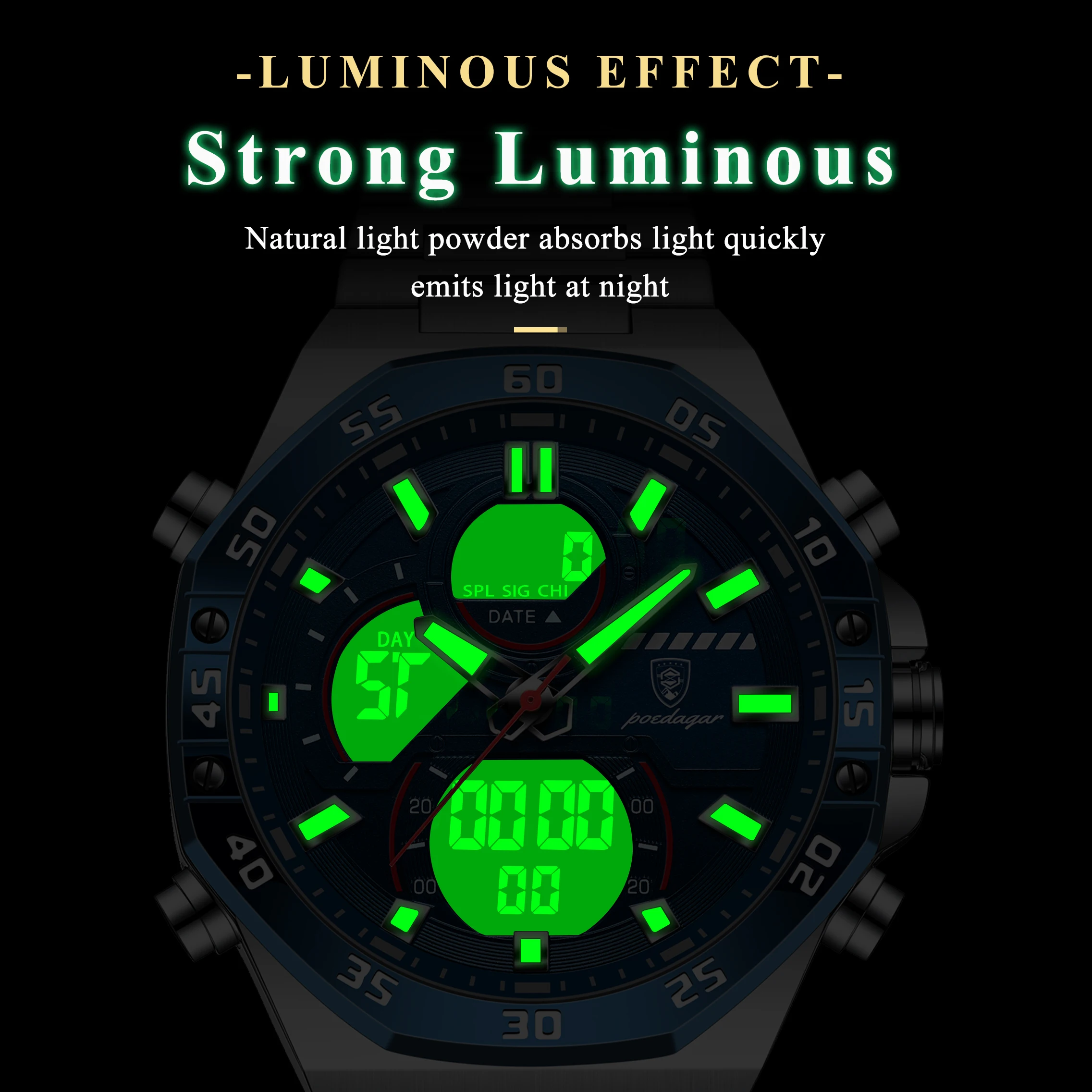 POEDAGAR أفضل رجل ساعة LED مضيئة مقاوم للماء تاريخ الأسبوع إنذار الرجال ساعة الفولاذ المقاوم للصدأ الكوارتز أنيق الساعات الإلكترونية للرجال