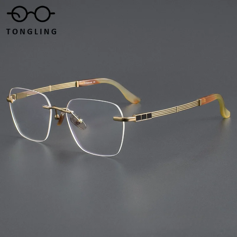 2026 Fashion Men Handcrafted Frameless Natural Buffalo Horn Glasses-High-End Luxury Titanium Alloy Polygonal Women Eyewear Frame