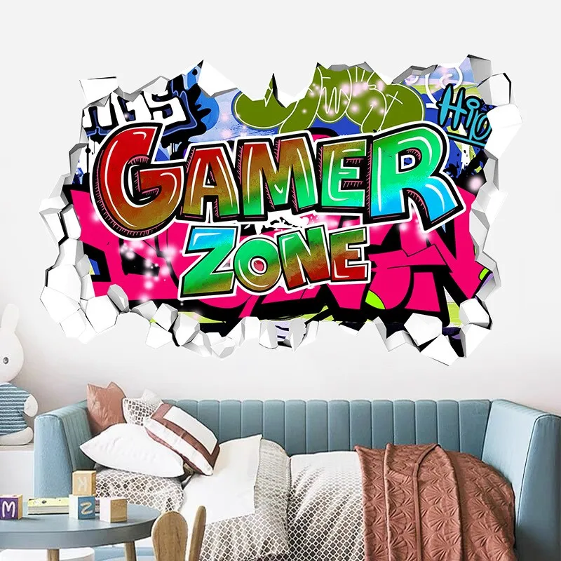 Cool Gamer Broken Wall Art Vinyl Anime Poster Stickers for Kids Room Boy Bedroom Game Zone Home Decoration Cartoon Play Mural
