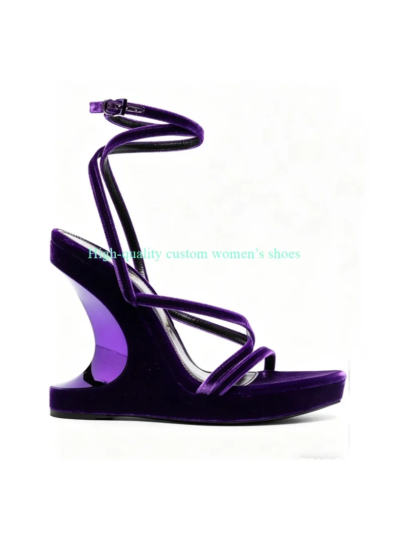

Purple New Model Velvet Fabric Unique Heels Women's Sandals Pointed Toes Ankle Buckle Luxury High Heels Manual Banquet High Heel