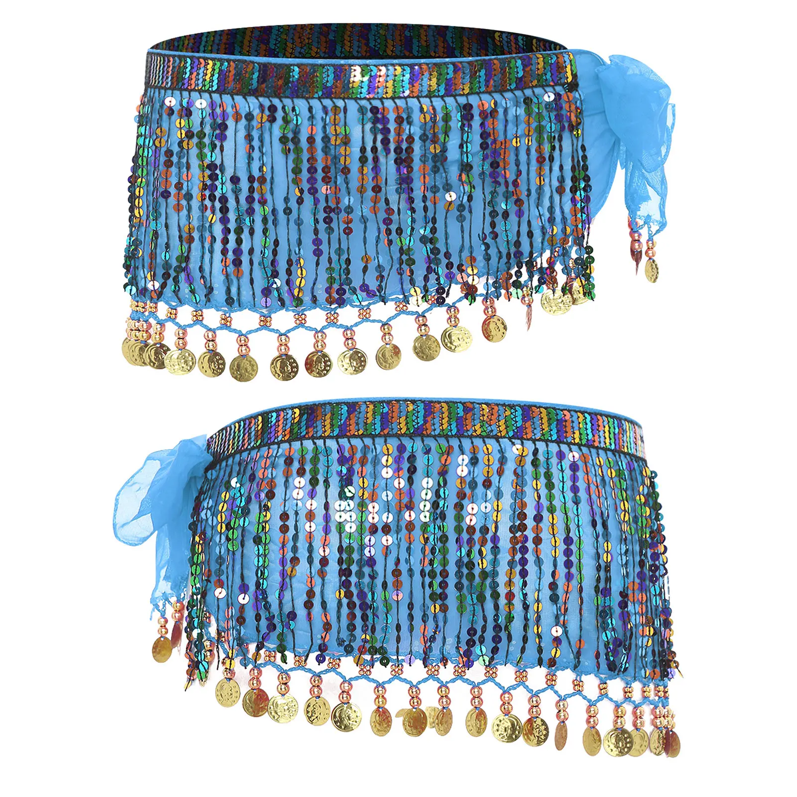 Women Belly Dance Hip Skirt Scarf Sequin Tassel Bling Bling Lace-Up Hip Skirt for Cha-Cha Belly Samba Latin Performing Hip Scarf