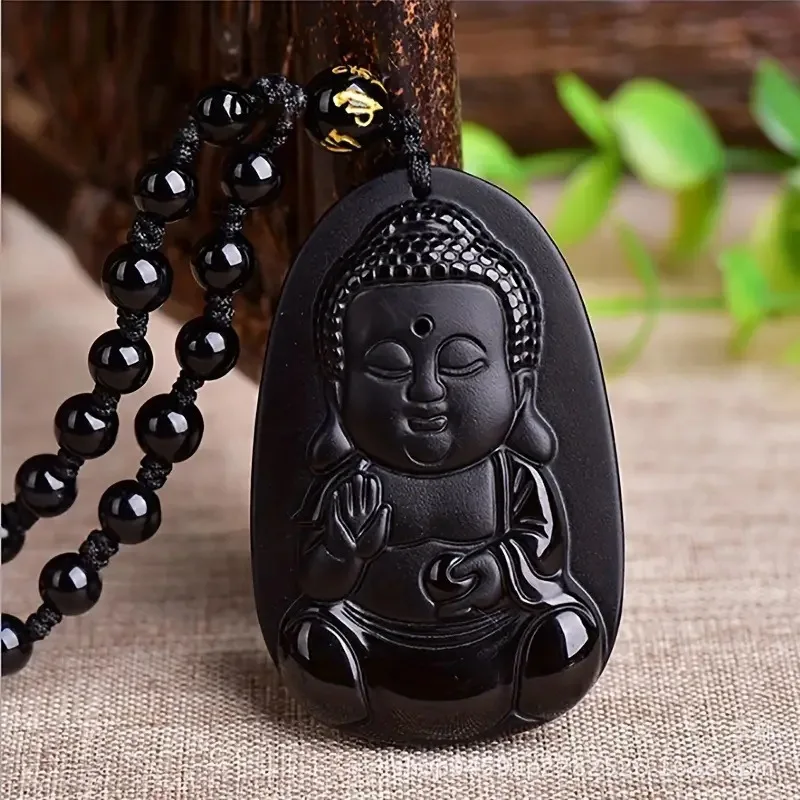 Obsidian Baby Buddha Pendant Natural Buddha Pendant Crystal Gem Sakyamuni Pendant Buddha jade pendant necklace