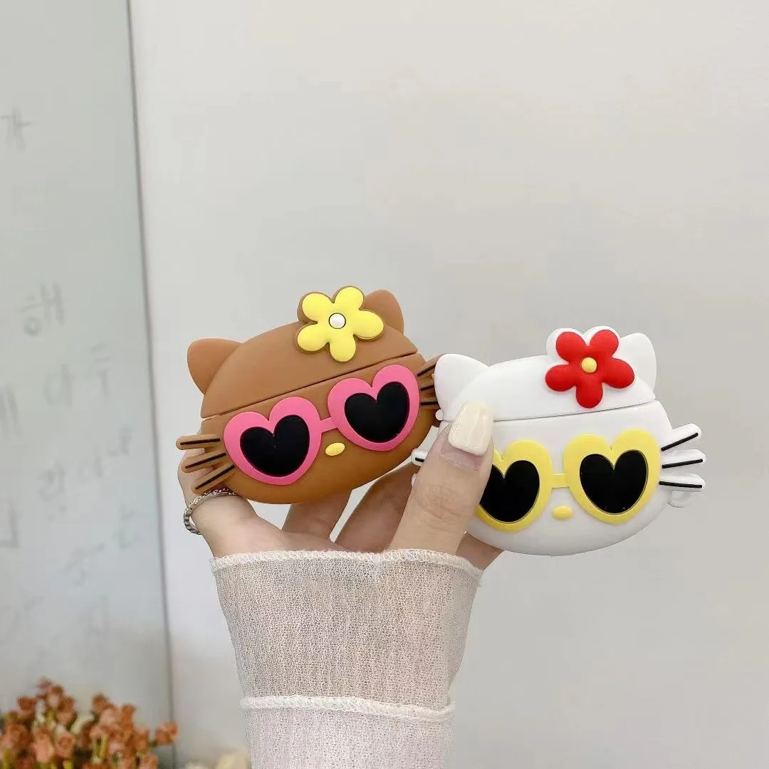 حافظة لهاتف Airpods Pro 2، نظارات Hello Kitty الشمسية باللون البني من السيليكون لسماعات Airpods 3 2 1 حافظة لهاتف Kids Funda #3