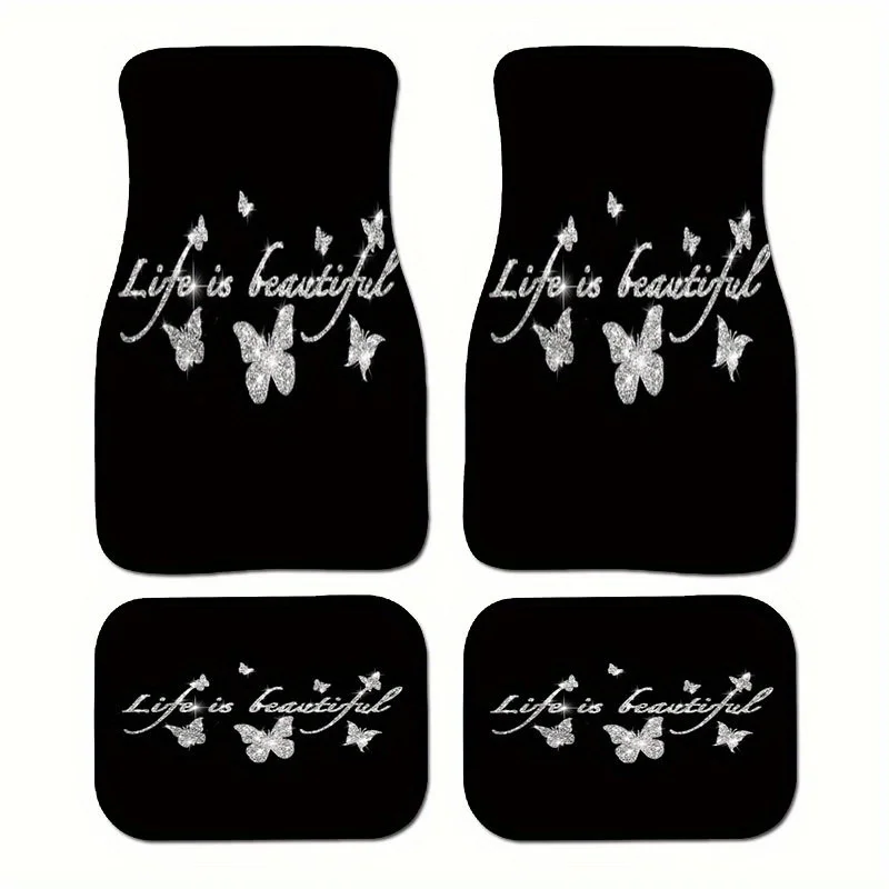 A Set Of Four Elegant Car Floor Mats Featuring An Exclusive Butterfly Pattern, Designed With Crystal Velvet. They Enhance The In