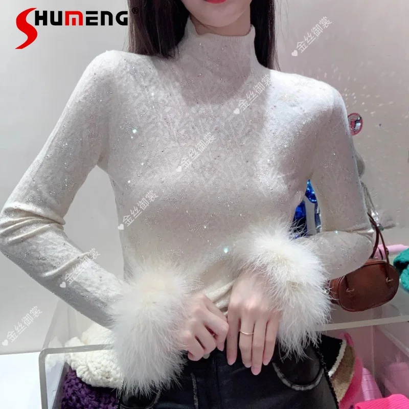 

Fashion 2023 New Heavy Work Rhinestone Furry Sleeves Tight Western Style Solid Color High-Necked All-Matching Bottoming Shirt