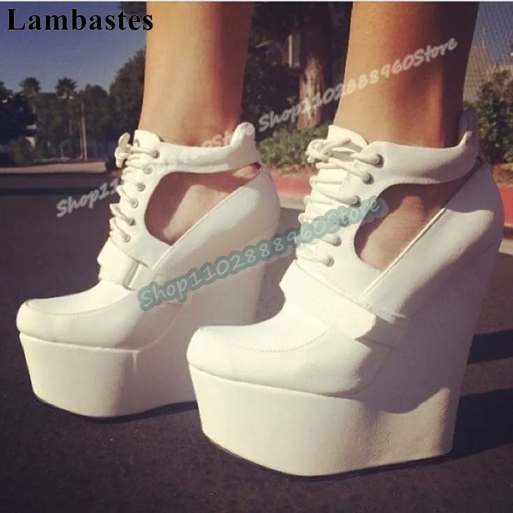 

White Leather Hook Belt Platform Pumps Wedges High Heel Shoes For Women Cross Tied Round Toe Casual Party Trending Women Pumps