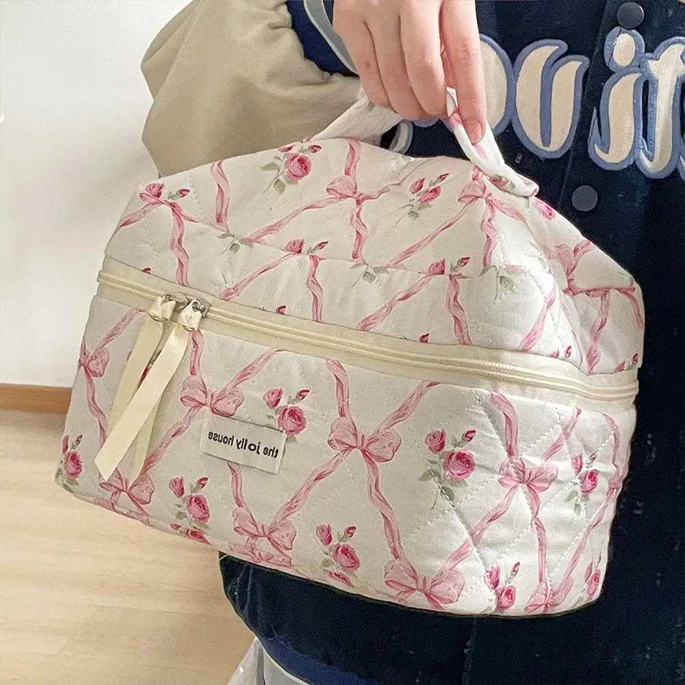 Cute Bow Flower Cloth Handbag Quilting Cotton Makeup Bag Women Zipper Cosmetic Organizer custodia da toilette portatile per ragazze