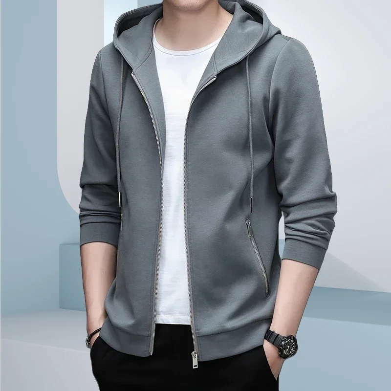 2024 Men's Autumn Jacket Hooded Sweater Zipper Cardigan Solid Color Coat New Clothing