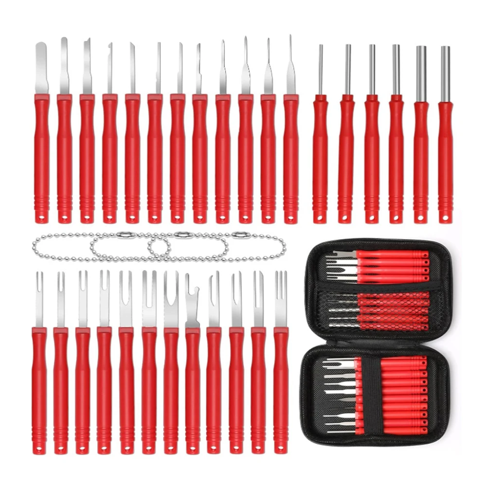 34pcs Terminal Removal Tool Kit Red Stainless Steel Wire Connector Extractor For Car Motorcycle Household Electrical Repair
