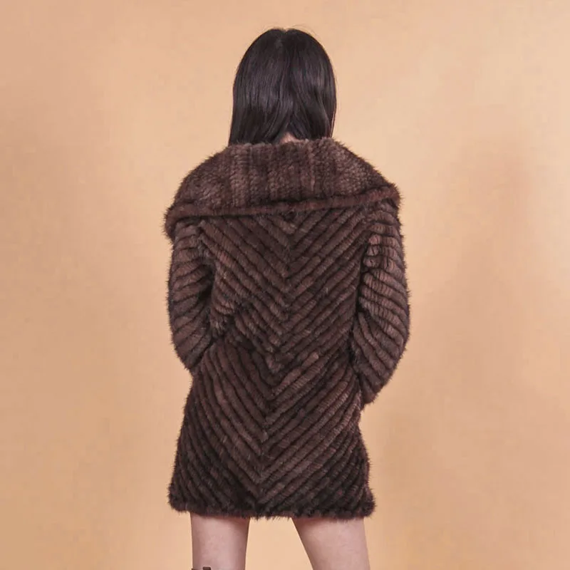 2023 Winter Women\'s Genuine Real Natural Knitted Mink Fur Coat Overcoat Hoody Outerwear Coats long coat