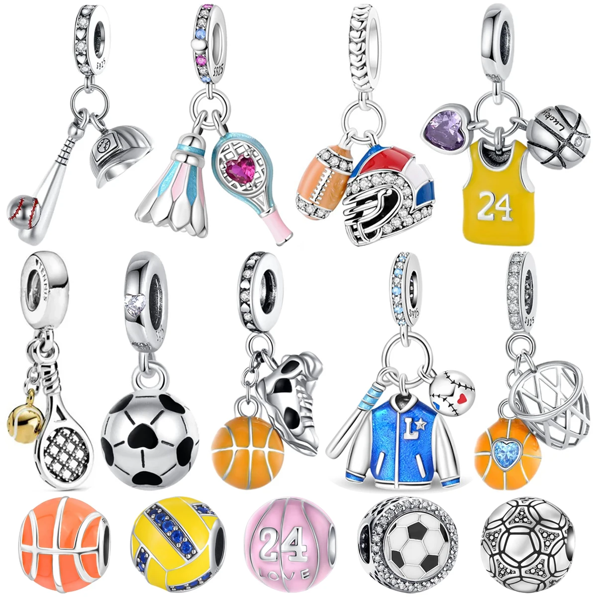 

Баскетбол, футбол, регби, бейсбол, теннис, бадминтон, волейбол, подвески, подвеска для спортсмена, серебряные бусины 925, металлический брелок, браслет