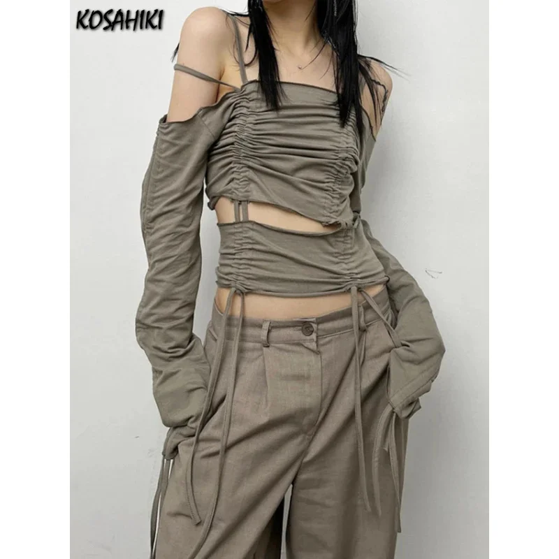 

Сексуальные плиссированные футболки с открытыми плечами и длинными рукавами, женские футболки-карго Y2k, уличная одежда с вырезами, футболки в стиле гранж, Femme