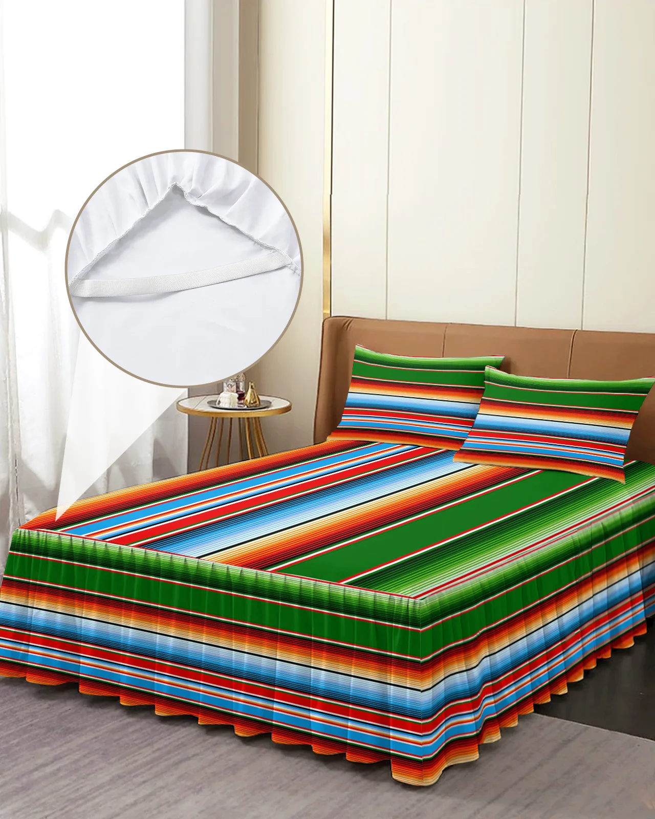 

Colorful Mexican Stripes Bed Skirt Elastic Fitted Bedspread With Pillowcases Bed Protector Mattress Cover Bedding Set Bed Sheet