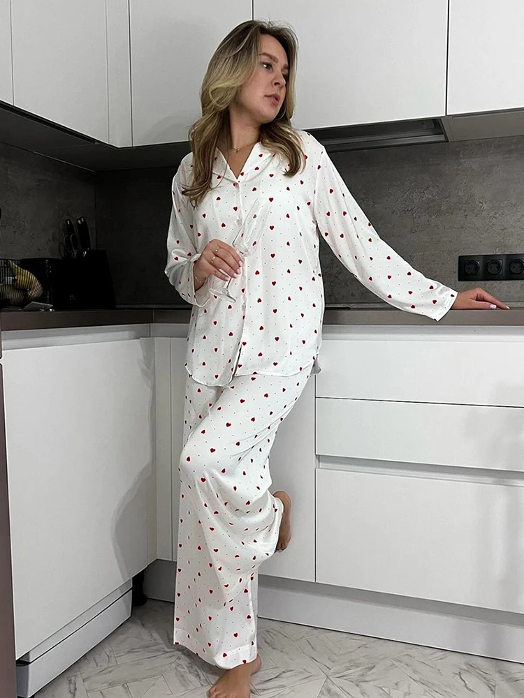 Hiloc Elegant Print Satin Long Pants Sleepwear Women Long Sleeve Loose Shirts Pajama White Ealstic Waist Night Wears Female 2024