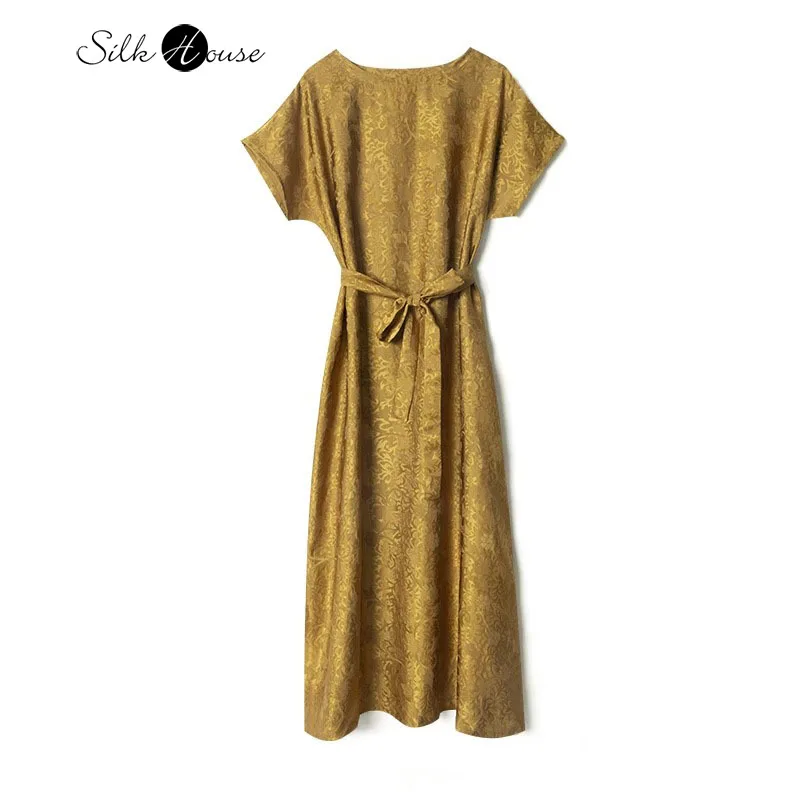 

2025 Women's Fashion Summer New 100% Natural Mulberry Silk Song Brocade Gold Retro Belt Design Round Neck Short Sleeved Dress