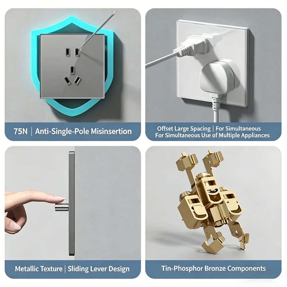 Ultra Thin Tempered Black Glass Slide Switch Socket EU UK 86mm Standard Outlet Minimalist Luxury Bedroom Home Office Villa Decor