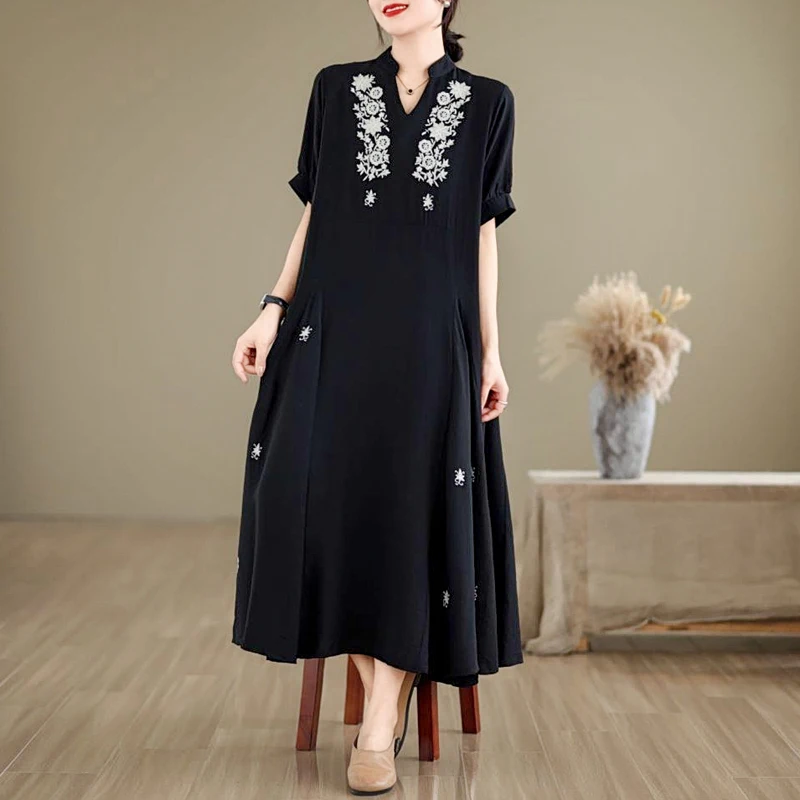 #3876 Black A-line Dress Embroidery Floral Split Joint  Asymmetrical Long Shirt Dress Women Short Sleeve Loose Cotton Summer2024