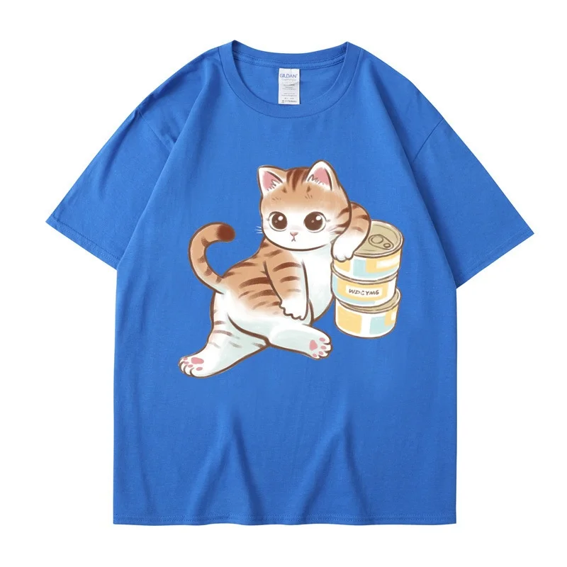 夏天남녀 커플 만화 고양이 프린트 라운드 넥 상의, 캐주얼 통기성 티셔츠, 하라주쿠 스타일 반팔 티셔츠