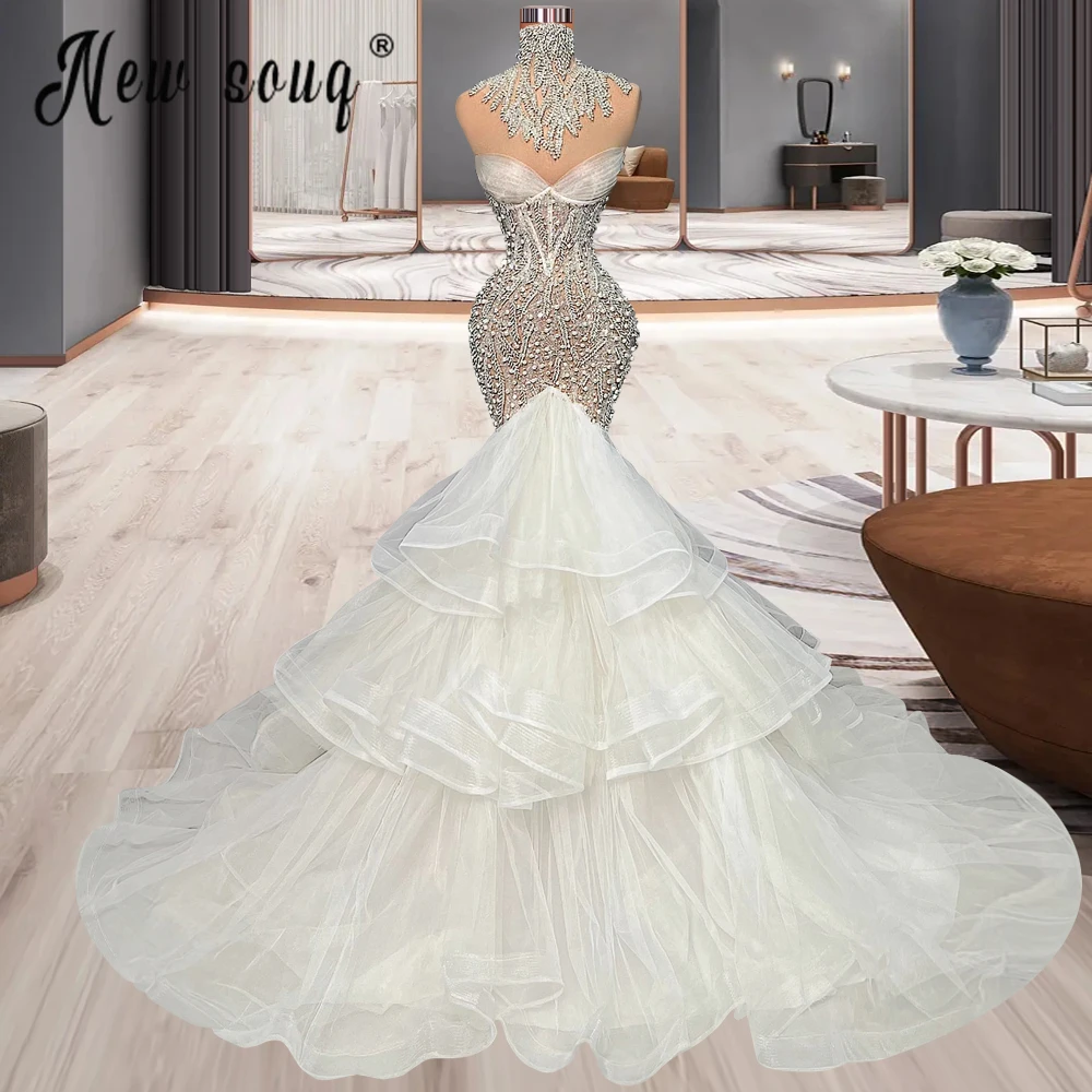 Luxury 2023 Wedding Dresses Custom Made Tiered Dubai Long Celebrity Bridal Gowns Handmade Beaded Crystals Vestido De Casamento