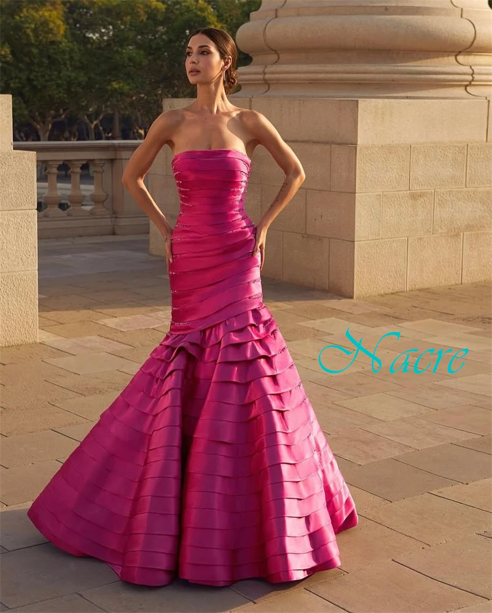 Personalizado moderno cetim sem alças vestido de noite delicado sem mangas vestidos de baile luxo varredura trem vestidos de ocasião especial