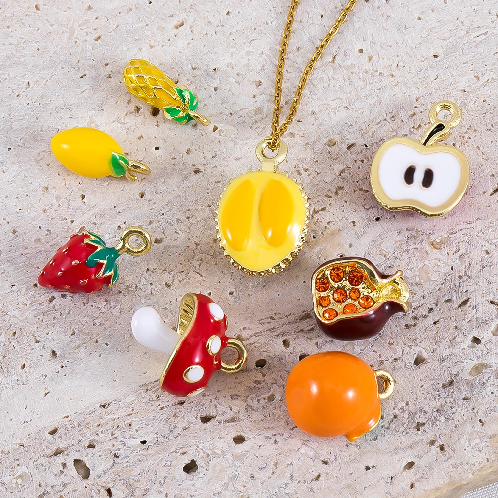 

2pcs Alloy Enamel Fruits and Vegetables Pendants Apple Strawberry Mushroom Charms for DIY Jewelry Making Necklace Accessories