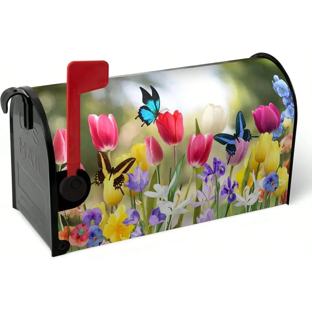 Spring Tulip Mailbox Covers Magnetic Oversized Spring Flowers Mailbox Wraps Large Size 25.5 X 21 Summer Butterfly Floral Resist
