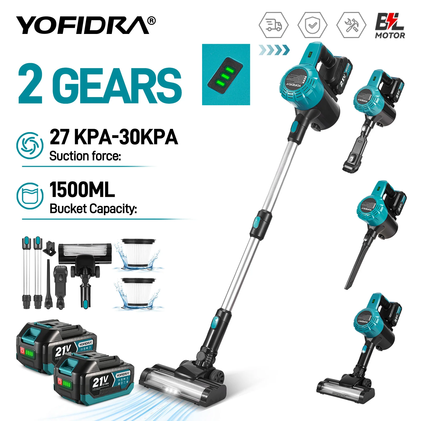 YOFIDRA 1800W Bürstenloser Staubsauger 30KPa 1,5L Tragbarer Leistungsstarker Sauger Haushaltsreinigungsgeräte für Makita-Akku