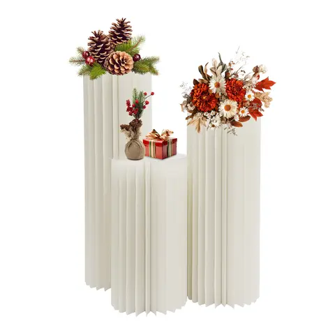 3PCS Folding Paper Roman Column Ornaments Wedding Party Cardboard Stand Cylinder w/PVC Board Flower Cake Display Rack 60+80+100cm, Load-Bearing Capacity 25-30kg/55.12-66.14lbs
