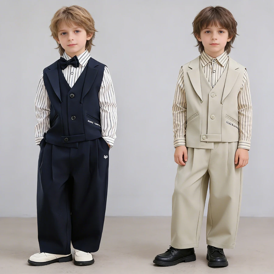 Boys Formal Suit Set Striped Shirt Vest Pants Kids Gentleman Outfit Wedding Birthday Party Performance Child Dress Suit 2-12 Y
