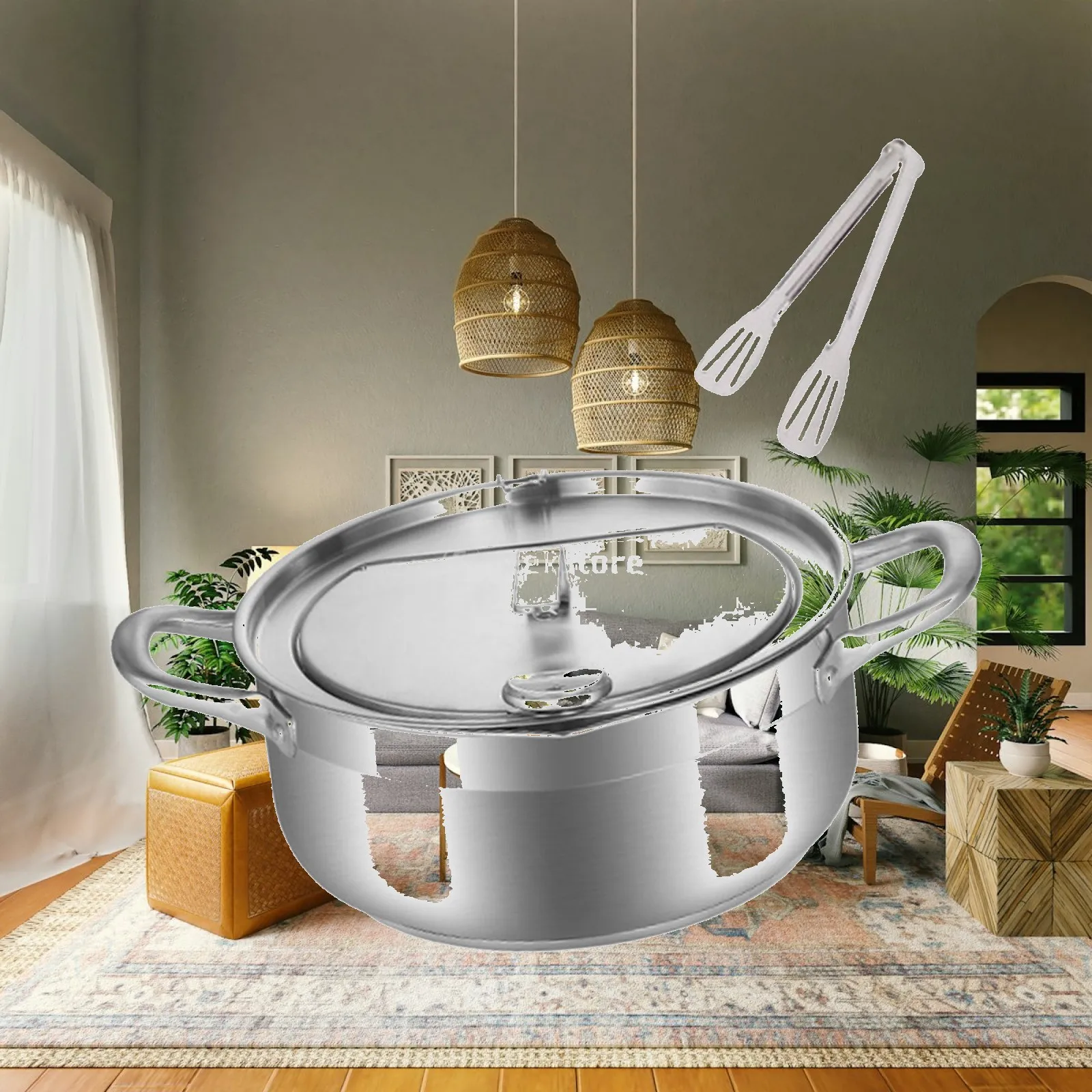 Compact Deep Fryer Pan with Lid and Temperature Gauge Stainless Steel Oil Draining Rack Fry Pot for Japanese Cooking Kitchen