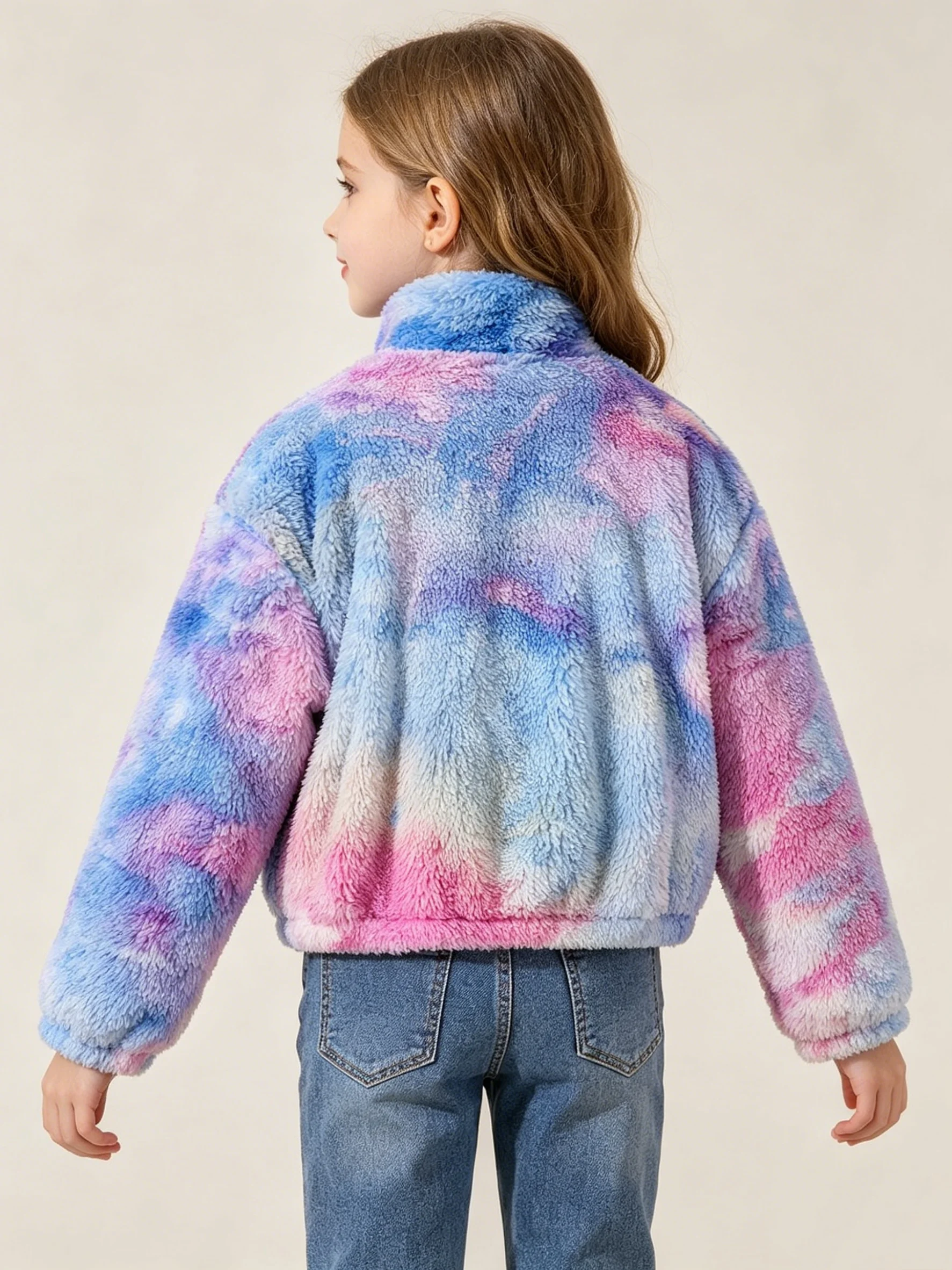 Autumn And Winter Sweet And Cool Girl's Stand Up Collar Gradient Tie Dye Plush Short Jacket Thick And Stylish Winter Outfit