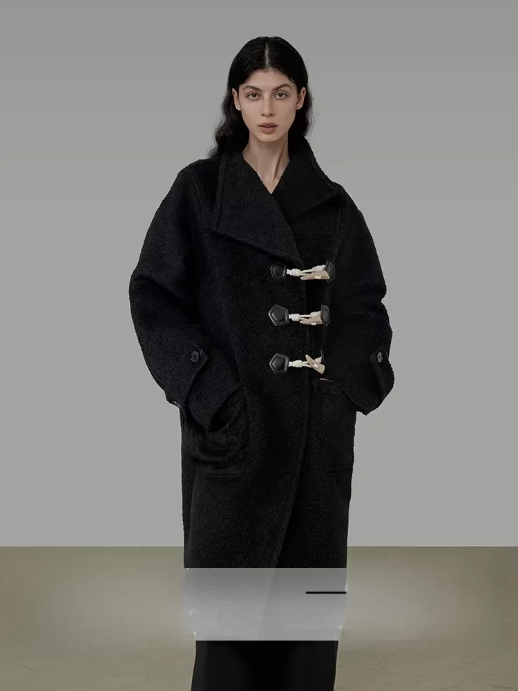 

Новое зимнее длинное шерстяное пальто в стиле ретро с пуговицами-клыками, из овечьей шерсти, однотонное, для повседневной носки, производство Китай