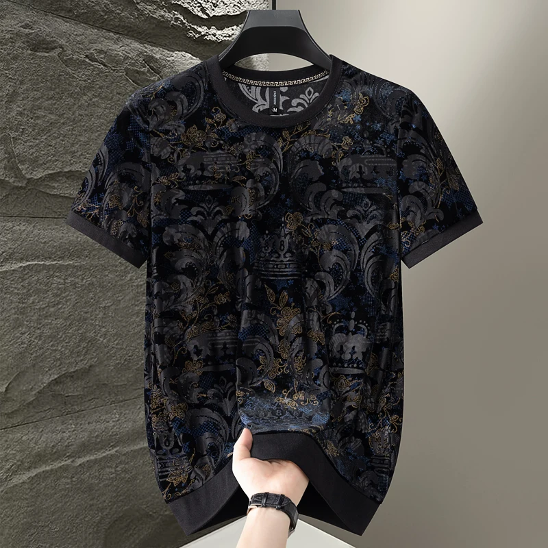 Jacquard Velvet Classy T Shirt For Men Short Sleeved Breathable Summer Quality Coolness Comfortable Stretchy Camisetas De Hombre