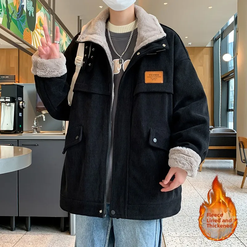 

Winter Thiened Fce Lined Men's Parka Coat Warm Stand Collar Fur Collar Cotton Casual Loose Faion Brand Youth Polyester