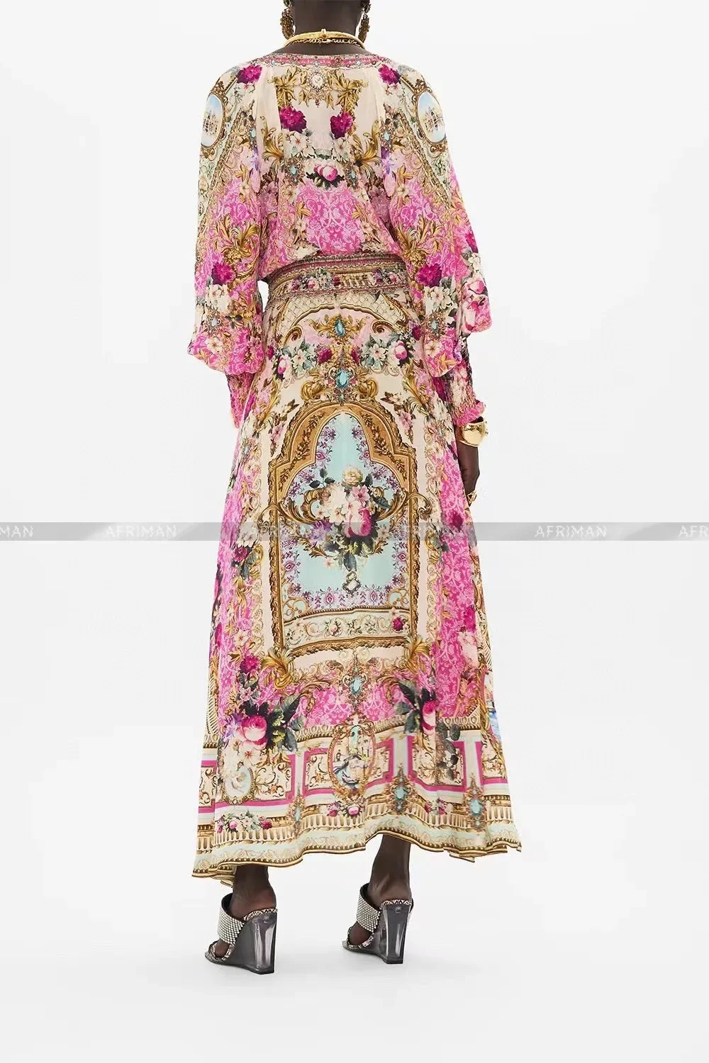 Women Bohemian Style Retro Pink Flower Print Heavy Beaded V Neck Maxi Long Silk Dress