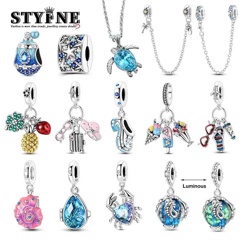 

Summer Ocean Series 925 Silver Charms Turtle Beach Fruit Shell Blue Beads DIY Original Bracelet for Women Fine Jewelry Gifts