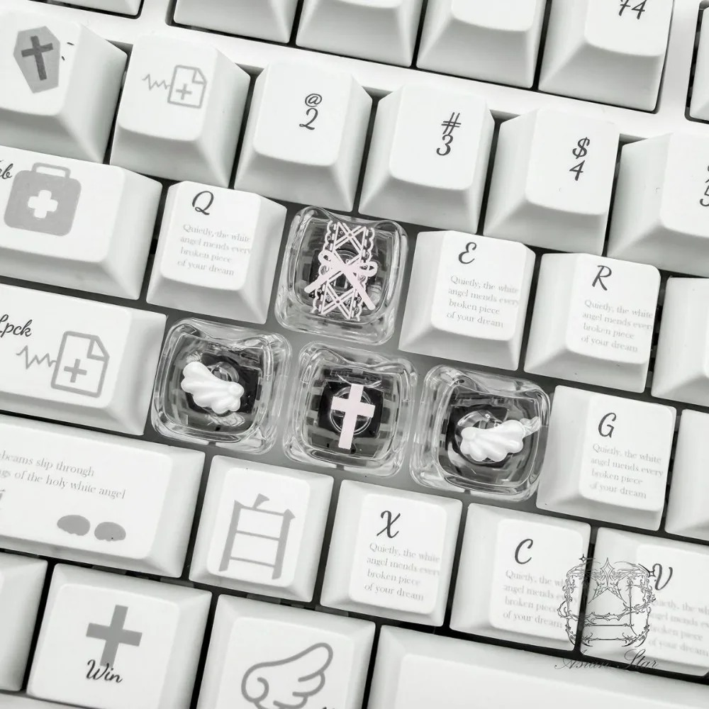 NEW Cute Lace Angel Wings Keycap Set for Mechanical Keyboards Key Cap Keyboard Decoration Transparent Personalized Cross