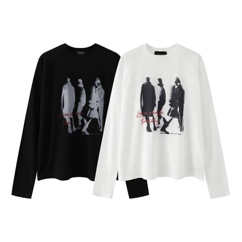 أمريكا الجرونج نمط كم طويل تي شيرت فريد مجردة الظل أبيض وأسود فضفاض صالح تيز ريترو الشارع الشهير للجنسين قمة الموضة #3