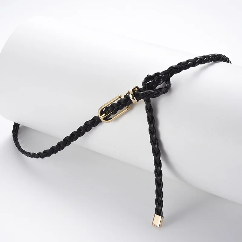 

2024 Woven Thin Women's Belt Faux Leather Waistband with Metal Needle Buckle Decorative Women's Belt for Dress Sweater