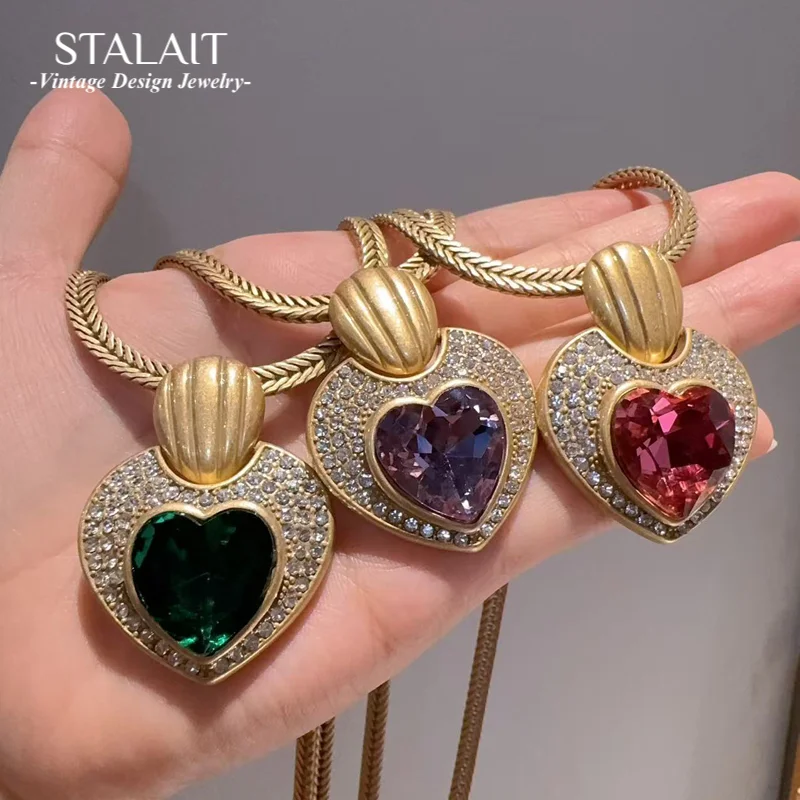 

Vintage Necklace Rose Pink Heart Pendants For Jewelry Making Crystal Long Gold Color Chain Rhinestone Valentine Day Christmas