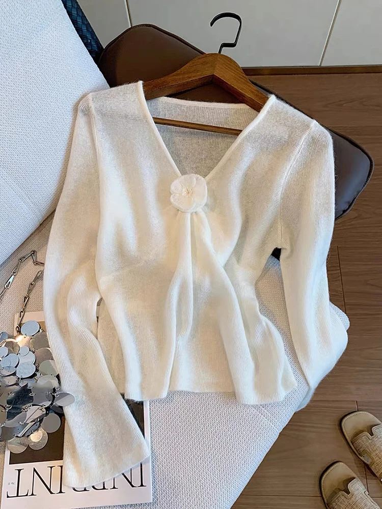 Ele Sweet 3D Flower V-Ne Long Sve suéter de punto ex primavera otoño versátil Top suave medio fino calidez