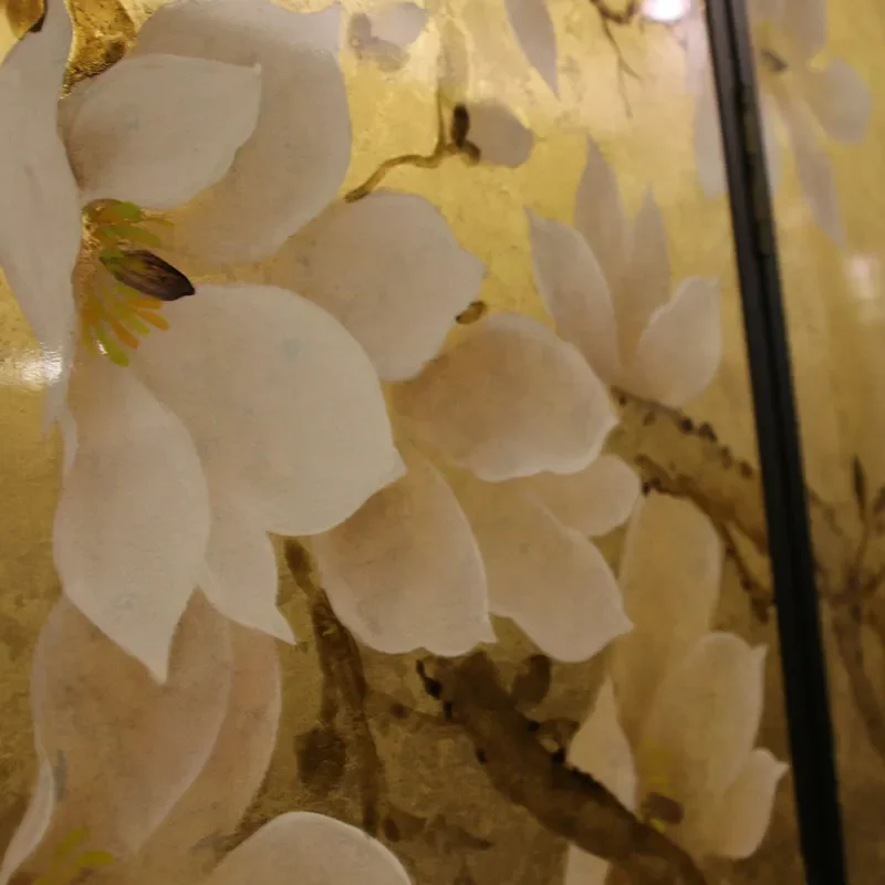 Hand Painted Lacquer Folding Screen with Broken Gold Leaf Magnolia Mural for Hotel Living Room Bedroom Wabi Style Decor