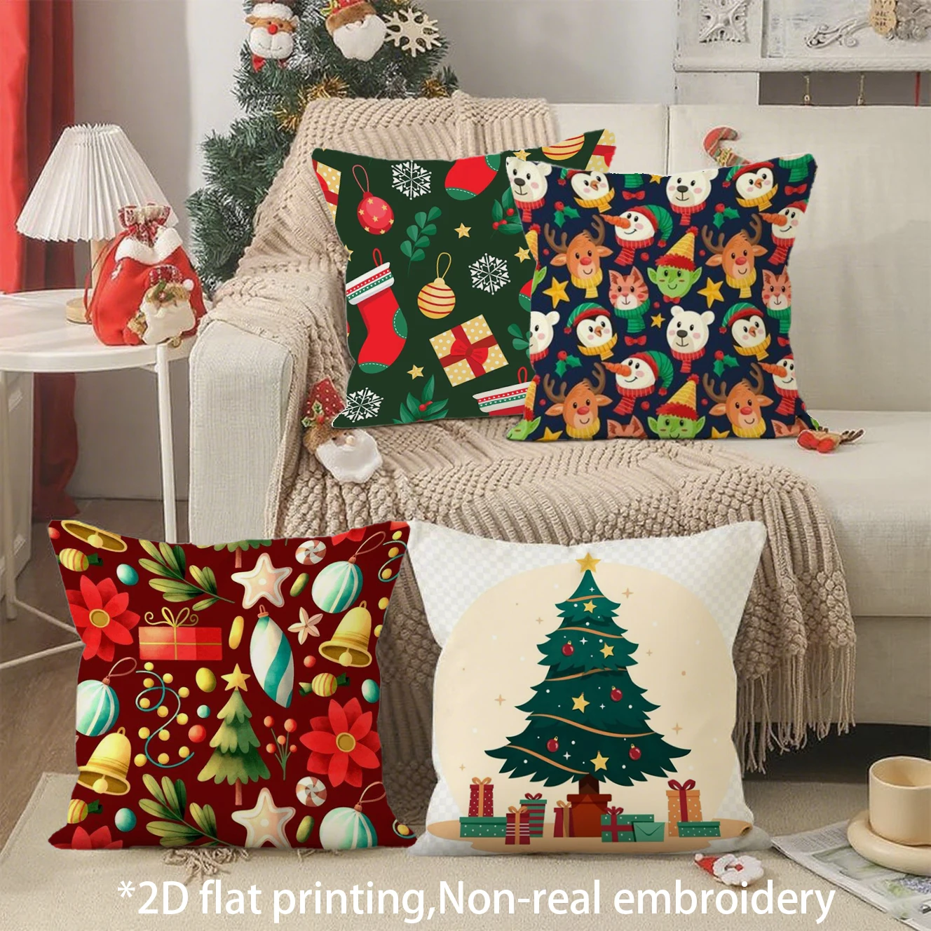 Christmas Festive Throw Pillow Covers Pattern Cushion Cover Suitable for Sofa Bedroom Car Pillow Cover