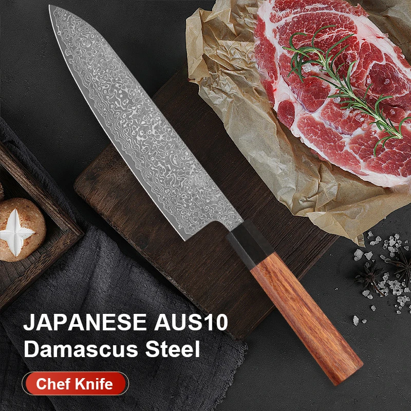 20 cm Japanisches Kochmesser Handgeschmiedeter Damaszener Stahl Küchenmesser für Gemüse, Fleisch, Sashimi mit Rosenholzgriff