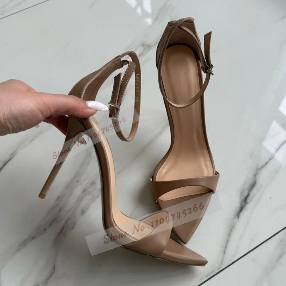 Sandali con tacco alto a punta opaca nuda Sandali eleganti con cinturino con fibbia alla caviglia Tacchi a spillo Décolleté a fascia singola Tacchi in denim blu