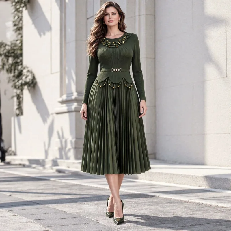 Ruched Plus Size Dresses Plisse 2026 Autumn New Beaded Long Sleeve Round Neck Dress Metal Chain Decorated Waist Ruched Dress