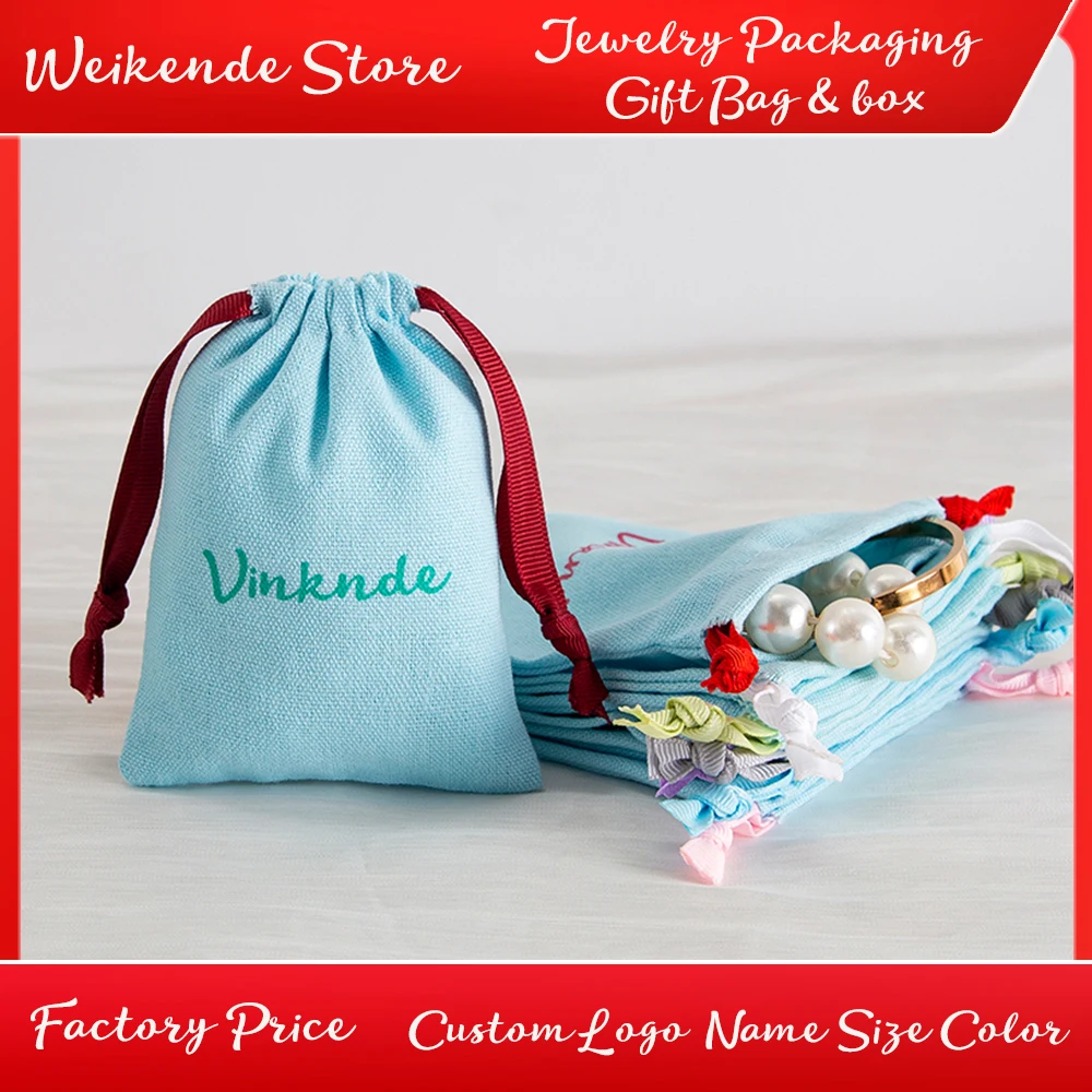 

100Pcs Bulk Custom Logo New Jewelry Cotton Bag Canvas Muslin Drawstring Ribbon Pouch Gift Pocket Wedding Favors For Guests Party